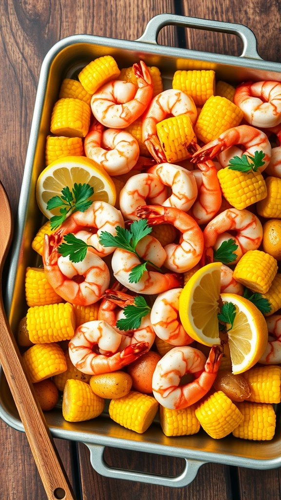 Oven-Baked Shrimp Boil Recipe A delicious oven-baked shrimp boil with shrimp, potatoes, corn, and lemon on a rustic table.